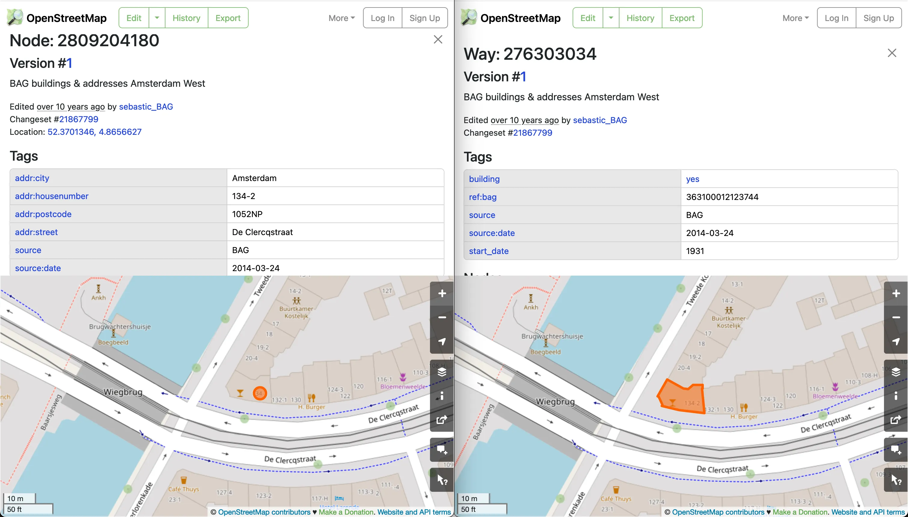 Screenshot from OpenStreetMap showing an address node and the building it belongs to