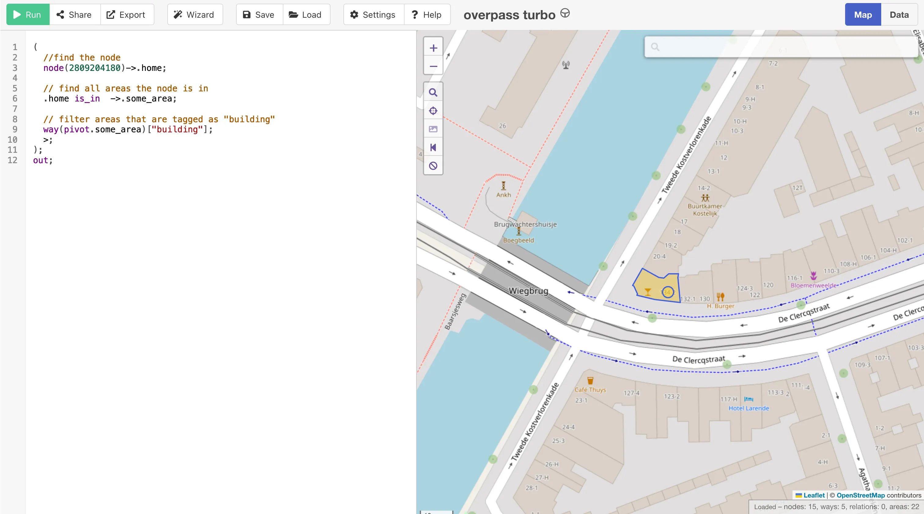 Overpass Turbo query for example node